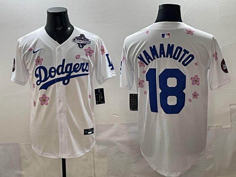Men 2025 Los Angeles Dodgers #18 Yamamoto White Sakura Edition Nike MLB Jersey style 009->los angeles dodgers->MLB Jersey